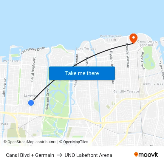 Canal Blvd + Germain to UNO Lakefront Arena map