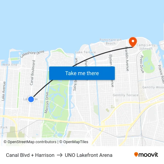 Canal Blvd + Harrison to UNO Lakefront Arena map
