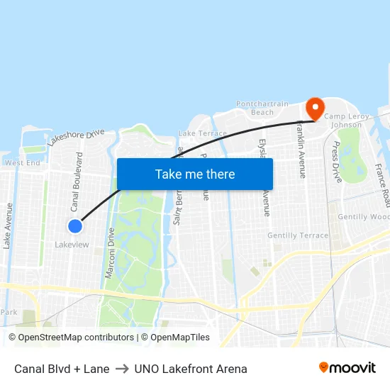 Canal Blvd + Lane to UNO Lakefront Arena map
