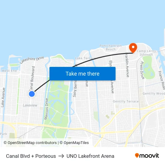 Canal Blvd + Porteous to UNO Lakefront Arena map