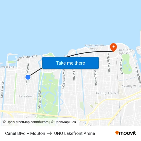 Canal Blvd + Mouton to UNO Lakefront Arena map
