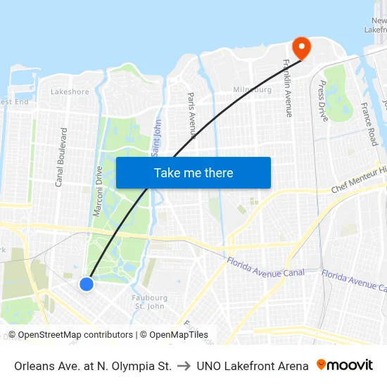 Orleans Ave. at N. Olympia St. to UNO Lakefront Arena map