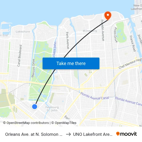 Orleans Ave. at N. Solomon Pl. to UNO Lakefront Arena map