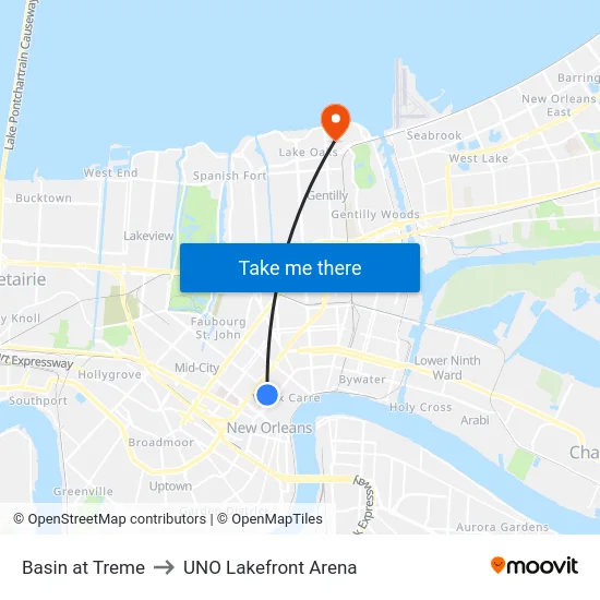 Basin at Treme to UNO Lakefront Arena map