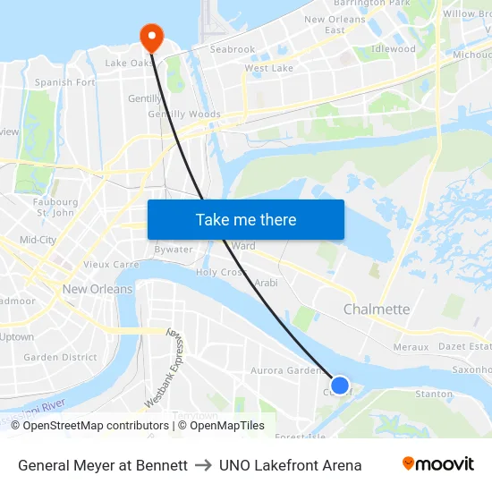 General Meyer at Bennett to UNO Lakefront Arena map