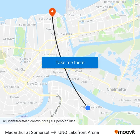 Macarthur at Somerset to UNO Lakefront Arena map