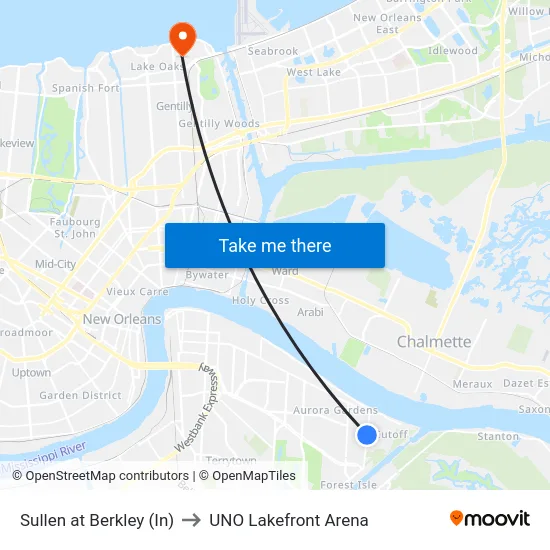 Sullen at Berkley (In) to UNO Lakefront Arena map
