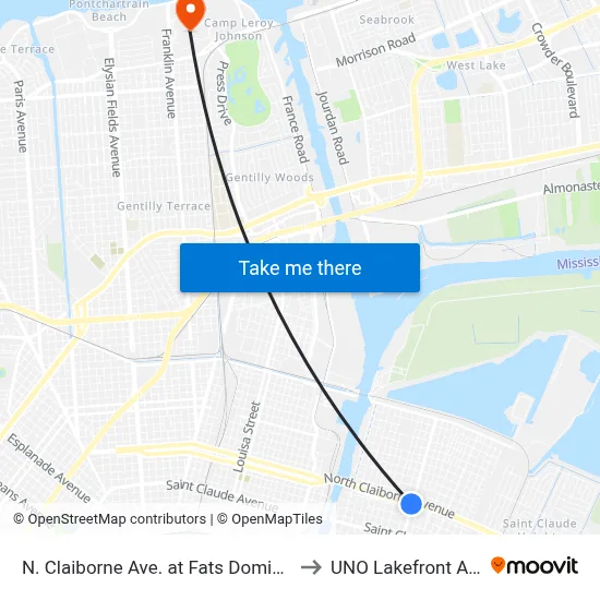 N. Claiborne Ave. at Fats Domino Ave. to UNO Lakefront Arena map