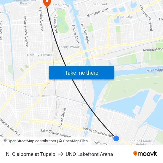 N. Claiborne at Tupelo to UNO Lakefront Arena map