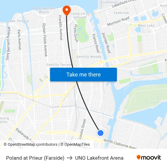 Poland at Prieur (Farside) to UNO Lakefront Arena map