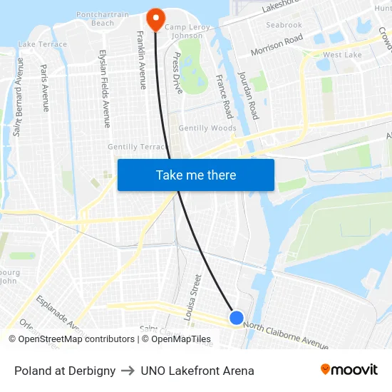 Poland at Derbigny to UNO Lakefront Arena map