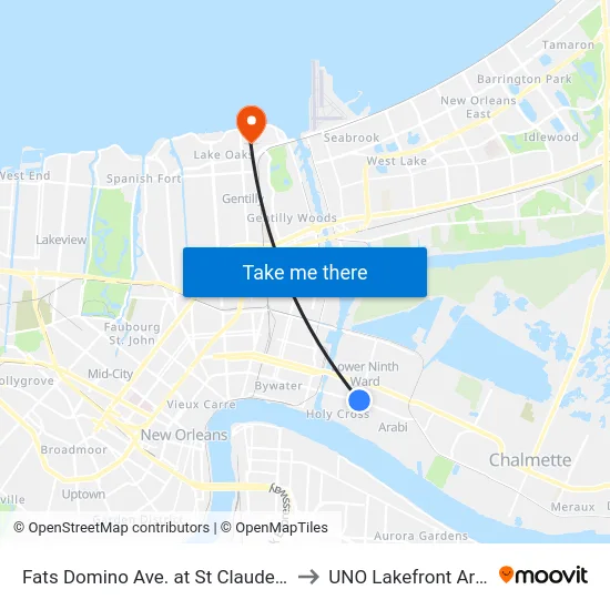 Fats Domino Ave. at St Claude Ave. to UNO Lakefront Arena map