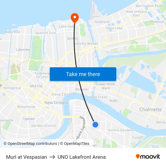 Murl at Vespasian to UNO Lakefront Arena map