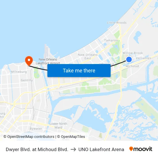 Dwyer Blvd. at Michoud Blvd. to UNO Lakefront Arena map