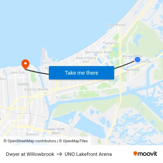 Dwyer at Willowbrook to UNO Lakefront Arena map