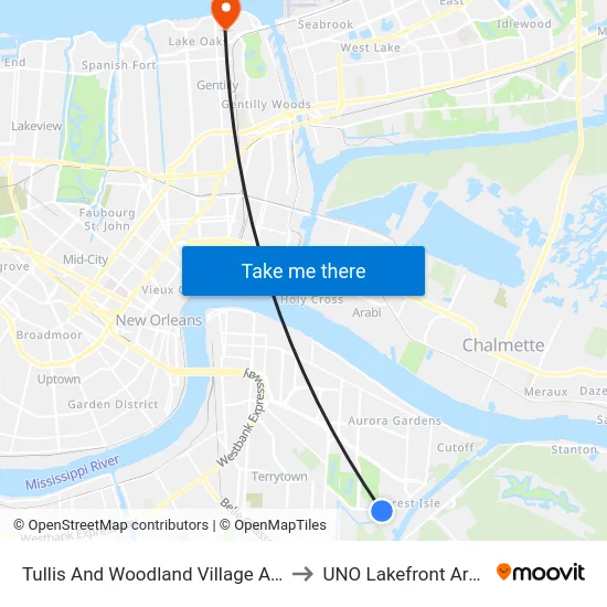 Tullis And Woodland Village Apts. to UNO Lakefront Arena map