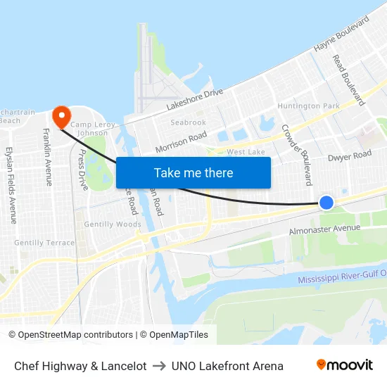 Chef Highway & Lancelot to UNO Lakefront Arena map
