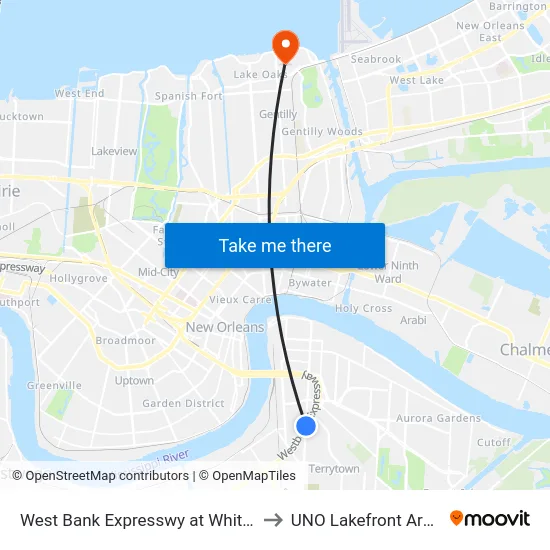 West Bank Expresswy at Whitney to UNO Lakefront Arena map