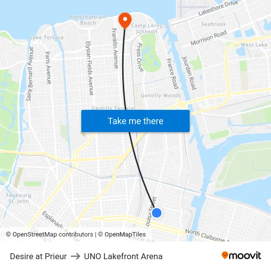 Desire at Prieur to UNO Lakefront Arena map