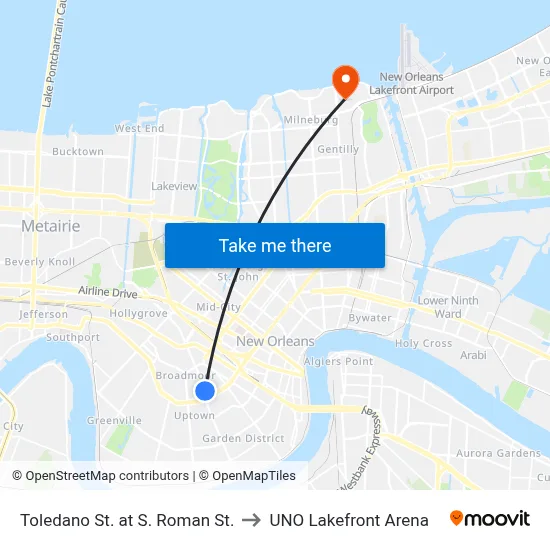 Toledano St. at S. Roman St. to UNO Lakefront Arena map