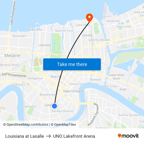 Louisiana at Lasalle to UNO Lakefront Arena map