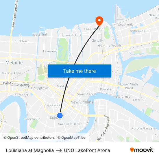 Louisiana at Magnolia to UNO Lakefront Arena map