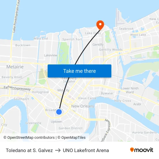 Toledano at S. Galvez to UNO Lakefront Arena map