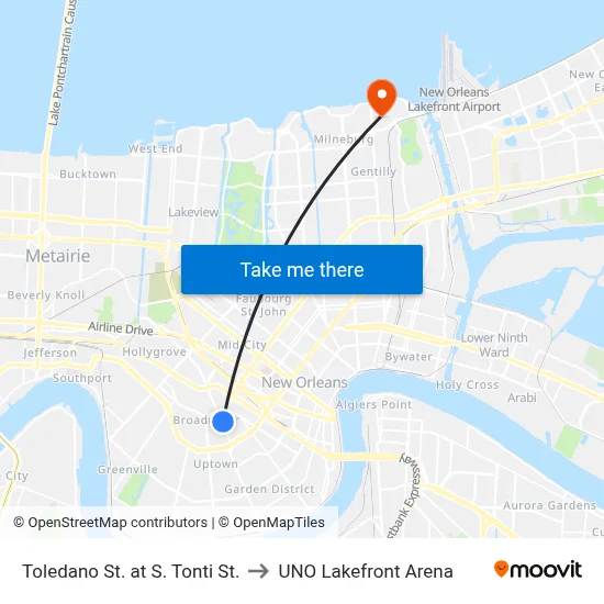 Toledano St. at S. Tonti St. to UNO Lakefront Arena map