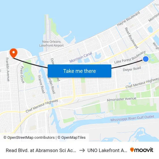 Read Blvd. at Abramson Sci Academy to UNO Lakefront Arena map
