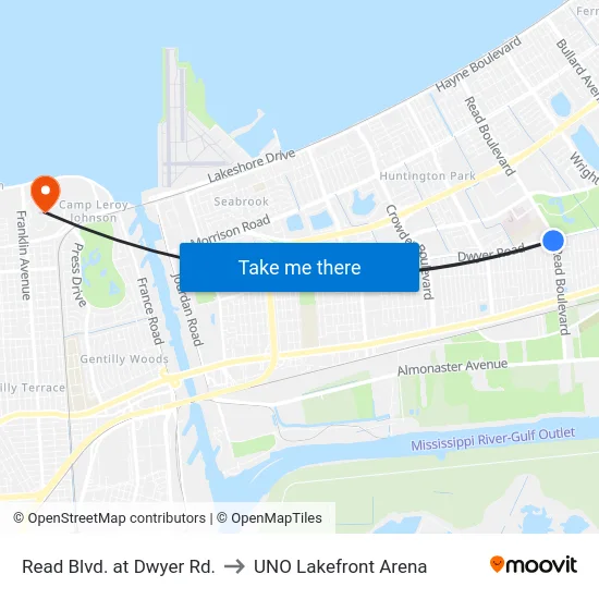 Read Blvd. at Dwyer Rd. to UNO Lakefront Arena map