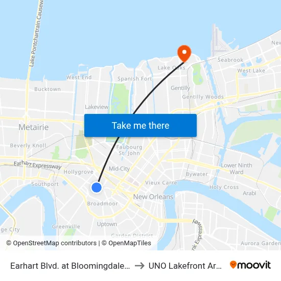 Earhart Blvd. at Bloomingdale Ct. to UNO Lakefront Arena map