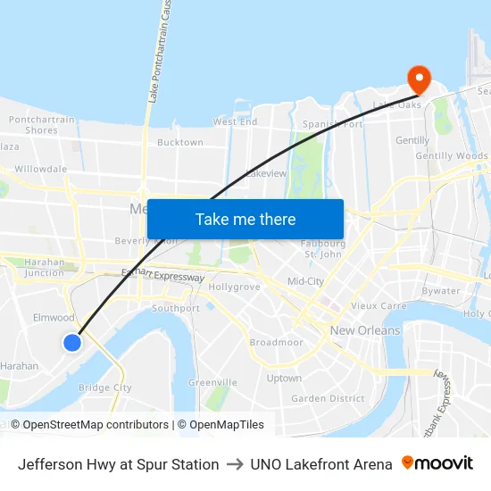 Jefferson Hwy. at Spur Station to UNO Lakefront Arena map
