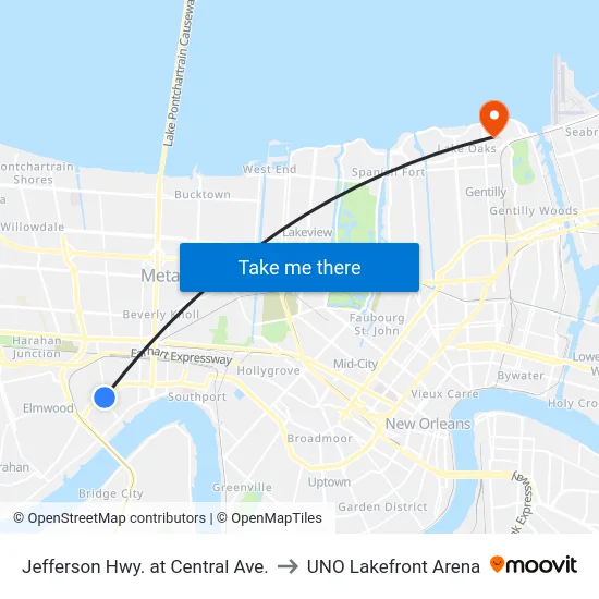 Jefferson Hwy. at Central Ave. to UNO Lakefront Arena map