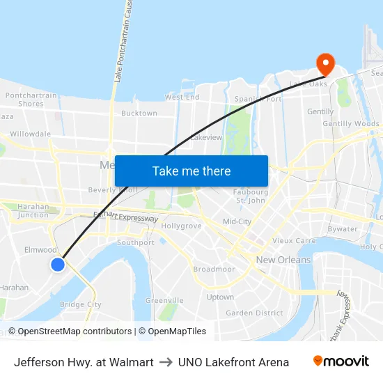 Jefferson Hwy. at Walmart to UNO Lakefront Arena map