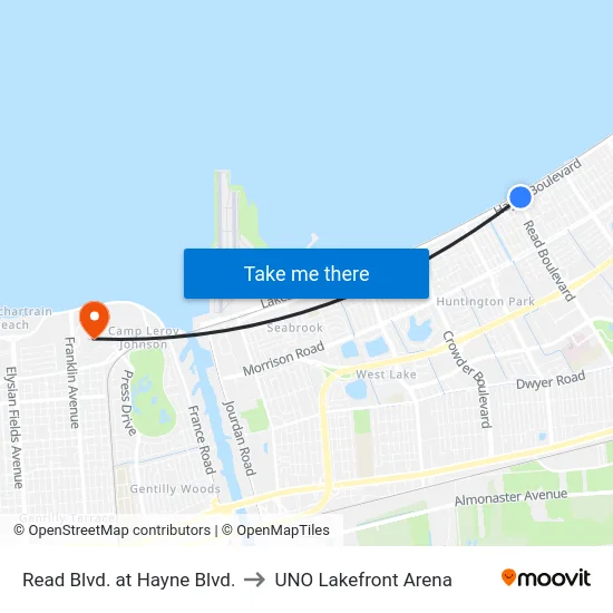 Read Blvd. at Hayne Blvd. to UNO Lakefront Arena map