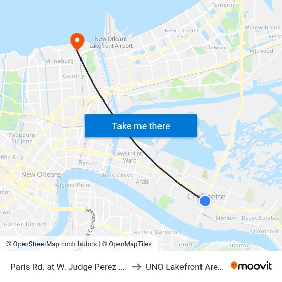 Paris Rd. at W. Judge Perez Dr. to UNO Lakefront Arena map