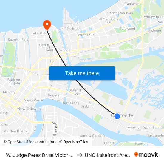 W. Judge Perez Dr. at Victor St. to UNO Lakefront Arena map