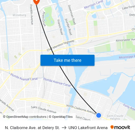 N. Claiborne Ave. at Delery St. to UNO Lakefront Arena map