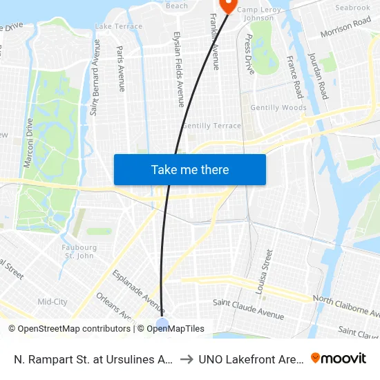 N. Rampart St. at Ursulines Ave. to UNO Lakefront Arena map