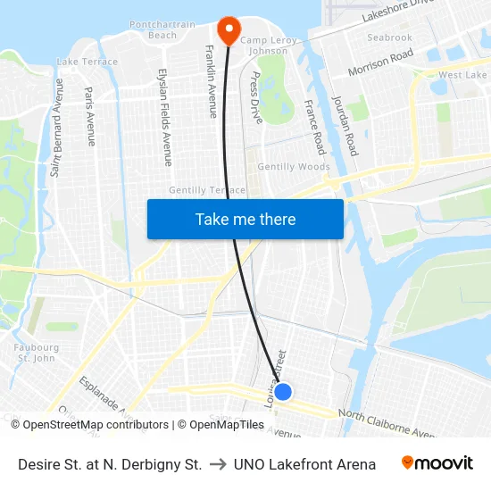 Desire St. at N. Derbigny St. to UNO Lakefront Arena map