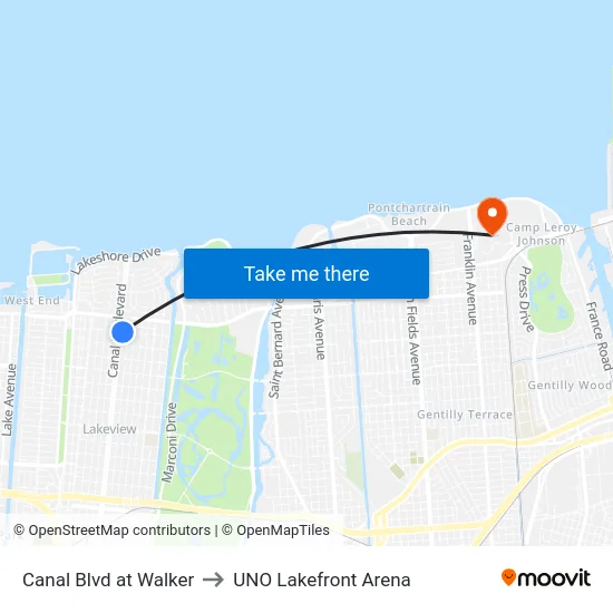 Canal Blvd at Walker to UNO Lakefront Arena map