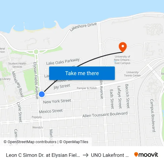 Leon C Simon Dr. at Elysian Fields Ave. to UNO Lakefront Arena map