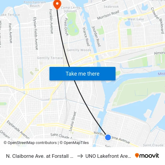 N. Claiborne Ave. at Forstall St. to UNO Lakefront Arena map