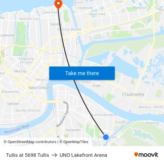 Tullis at 5698 Tullis to UNO Lakefront Arena map
