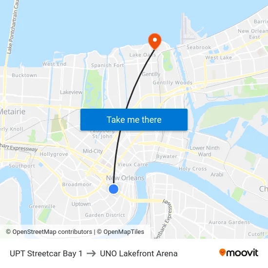 UPT Streetcar Bay 1 to UNO Lakefront Arena map