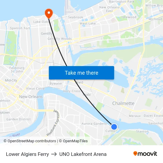 Lower Algiers Ferry to UNO Lakefront Arena map