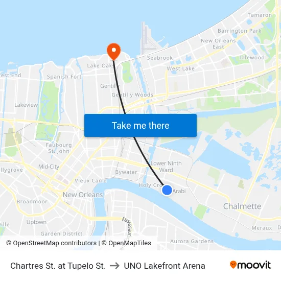 Chartres St. at Tupelo St. to UNO Lakefront Arena map