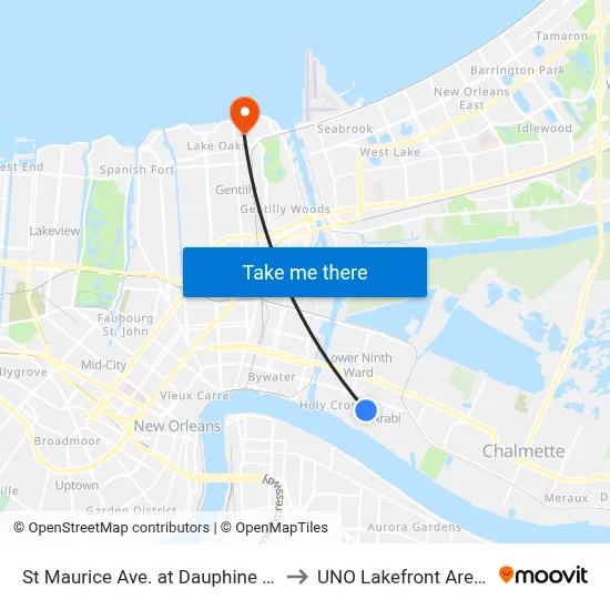 St Maurice Ave. at Dauphine St. to UNO Lakefront Arena map
