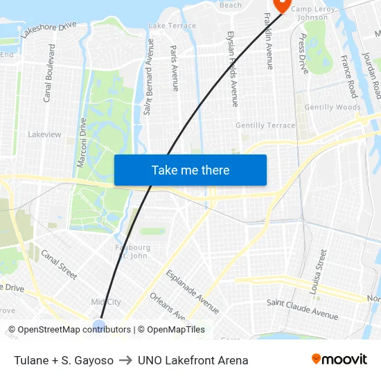 Tulane + S. Gayoso to UNO Lakefront Arena map