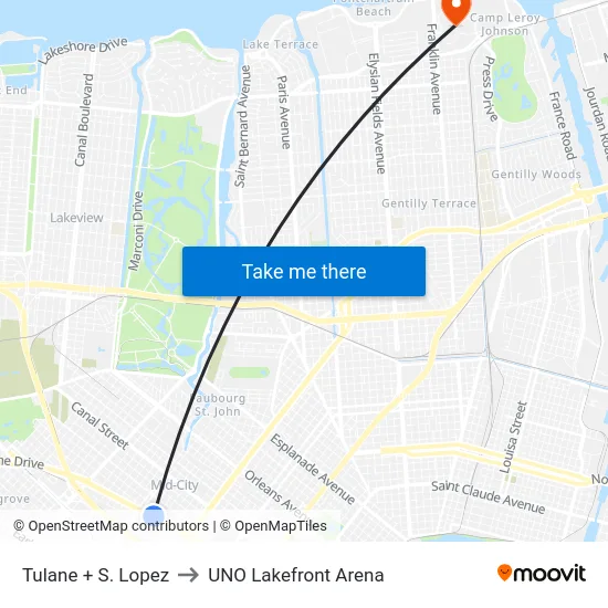 Tulane + S. Lopez to UNO Lakefront Arena map